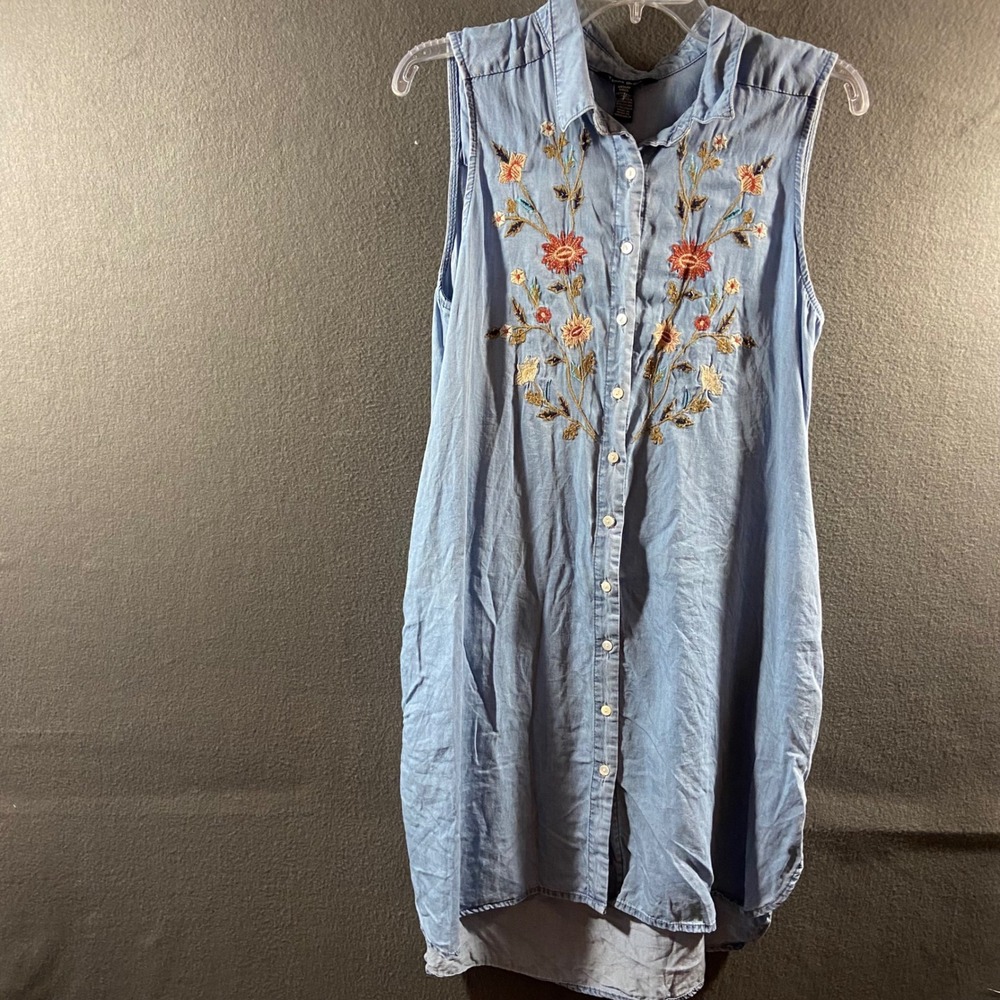 chambray embroidered shirt dress medium floral Lyocell Denim Shift boho pockets
